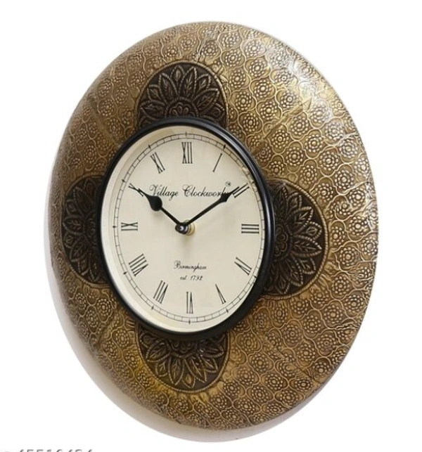 Beautiful Wooden Rajasthani Art Work Wall Clock - Golden/ Black, Wooden, Acrylic/ Decorative Clock, Pack of 1, Round
